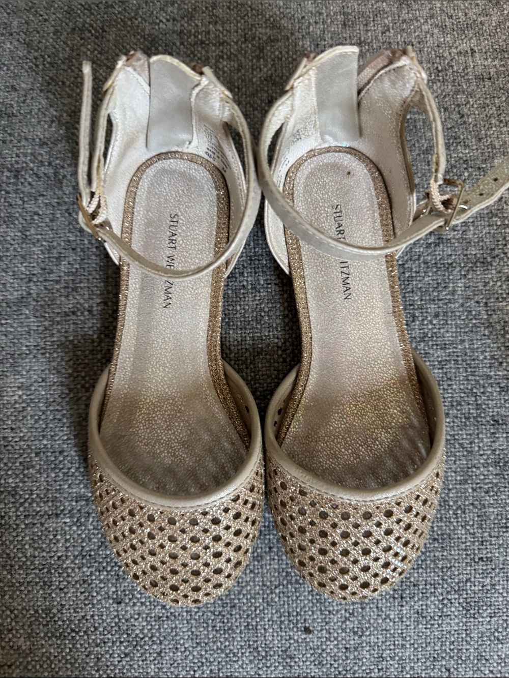 Stuart Weitzman Champagne Gold Glitter Ankle-Strap Flats